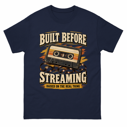 Navy vintage t-shirt with Built Before Streaming Raised On The Real Thing printed front design