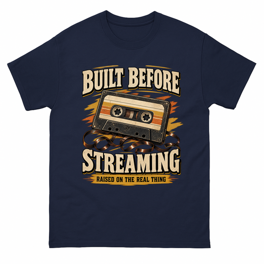 Navy vintage t-shirt with Built Before Streaming Raised On The Real Thing printed front design