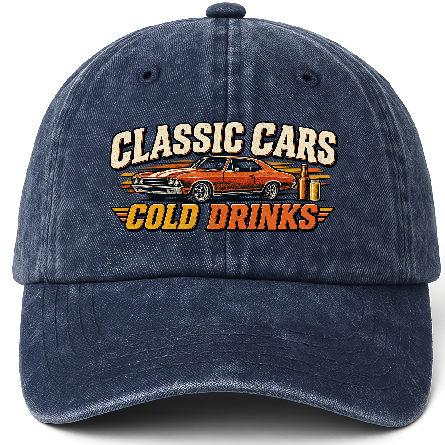 Navy vintage washed cap with Classic Cars. Cold Drinks printed front design