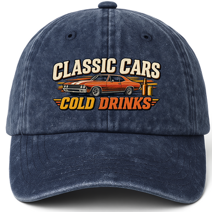 Navy vintage washed cap with Classic Cars. Cold Drinks printed front design