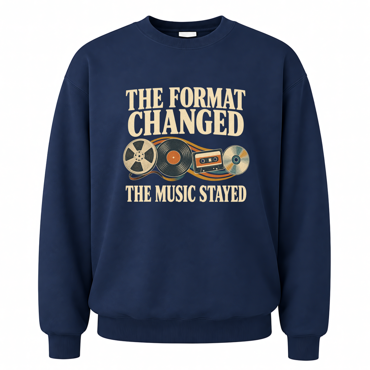 Navy vintage sweatshirt with The Format Changed The Music Stayed printed front design