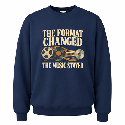 Navy vintage sweatshirt with The Format Changed The Music Stayed printed front design