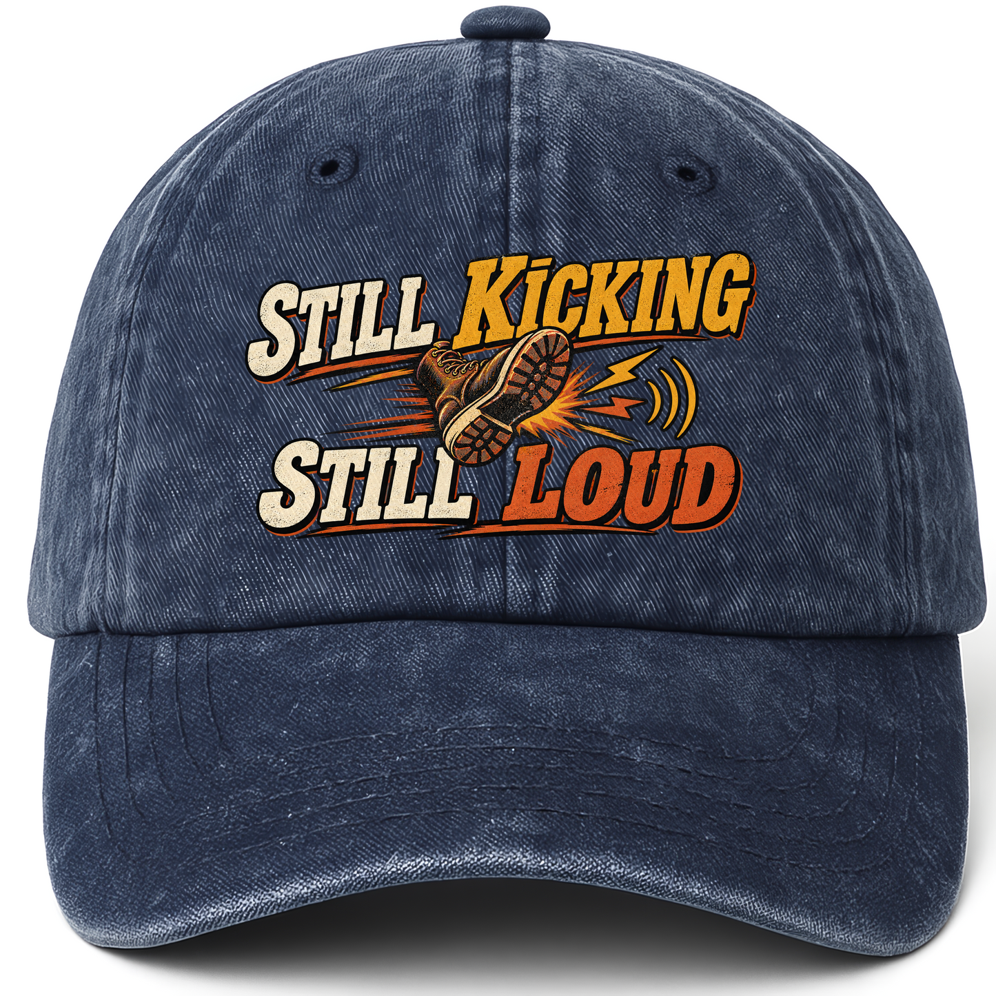 Navy vintage washed cap with Still Kicking Still Loud printed front design