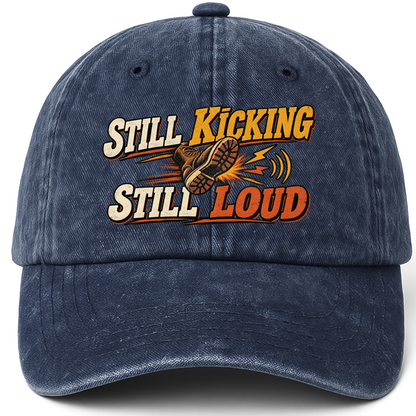 Navy vintage washed cap with Still Kicking Still Loud printed front design