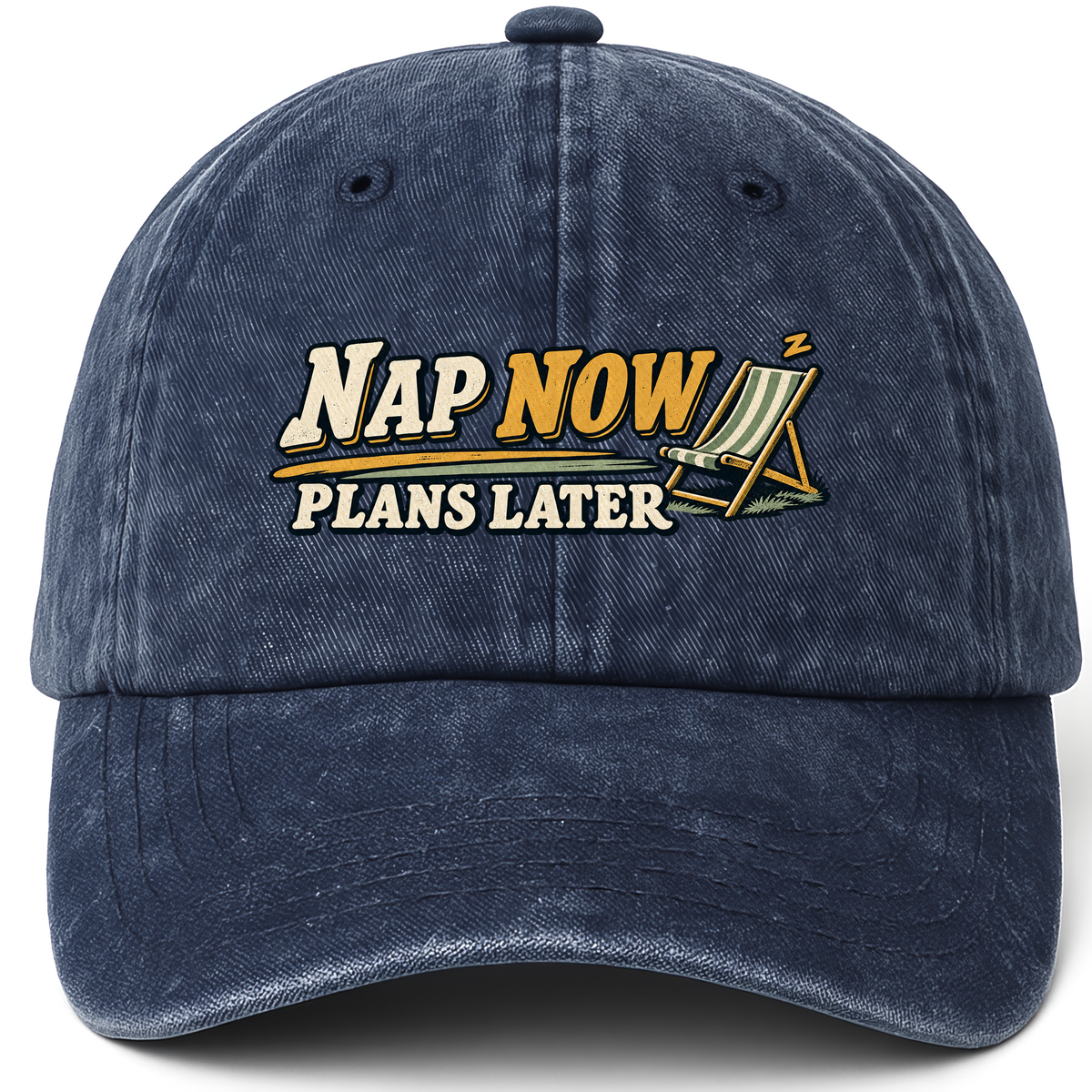 Navy vintage washed cap with Nap Now Plans Later printed front design