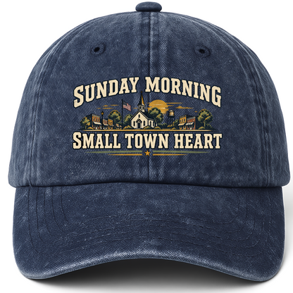 Navy vintage washed cap with Sunday Morning Small Town Heart printed front design