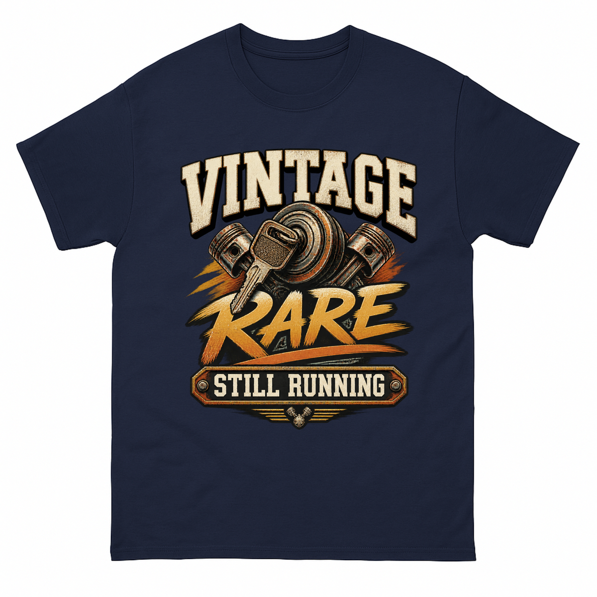 Navy vintage t-shirt with Vintage Garage Still Running printed front design