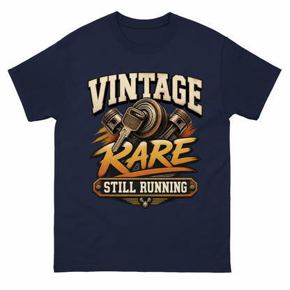 Navy vintage t-shirt with Vintage Garage Still Running printed front design