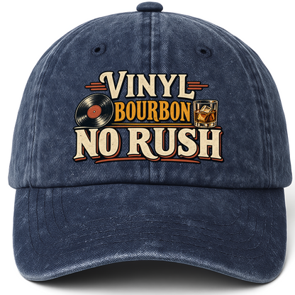 Navy vintage washed cap with Vinyl Bourbon. No Rush printed front design