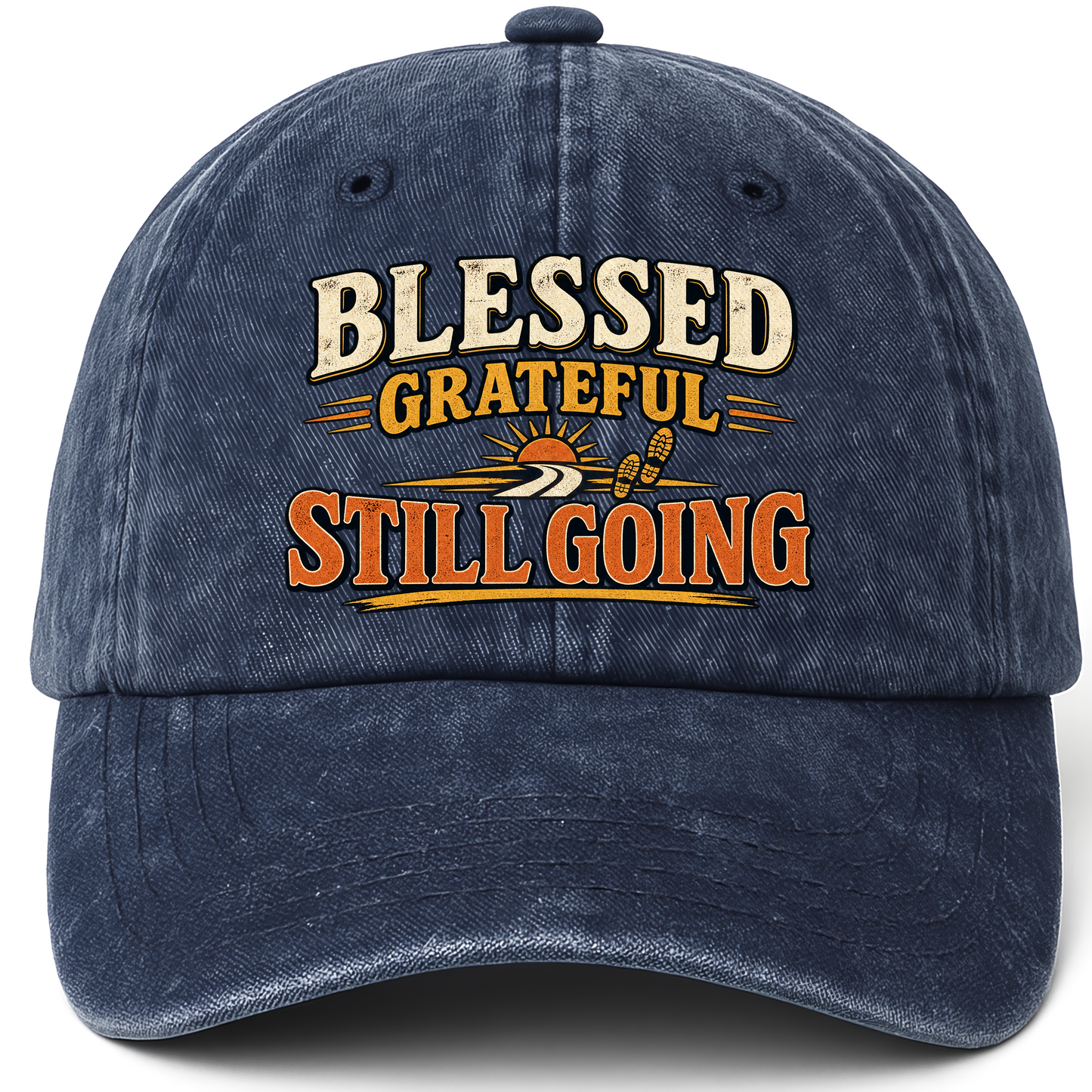 Navy vintage washed cap with Blessed Grateful Still Going printed front design