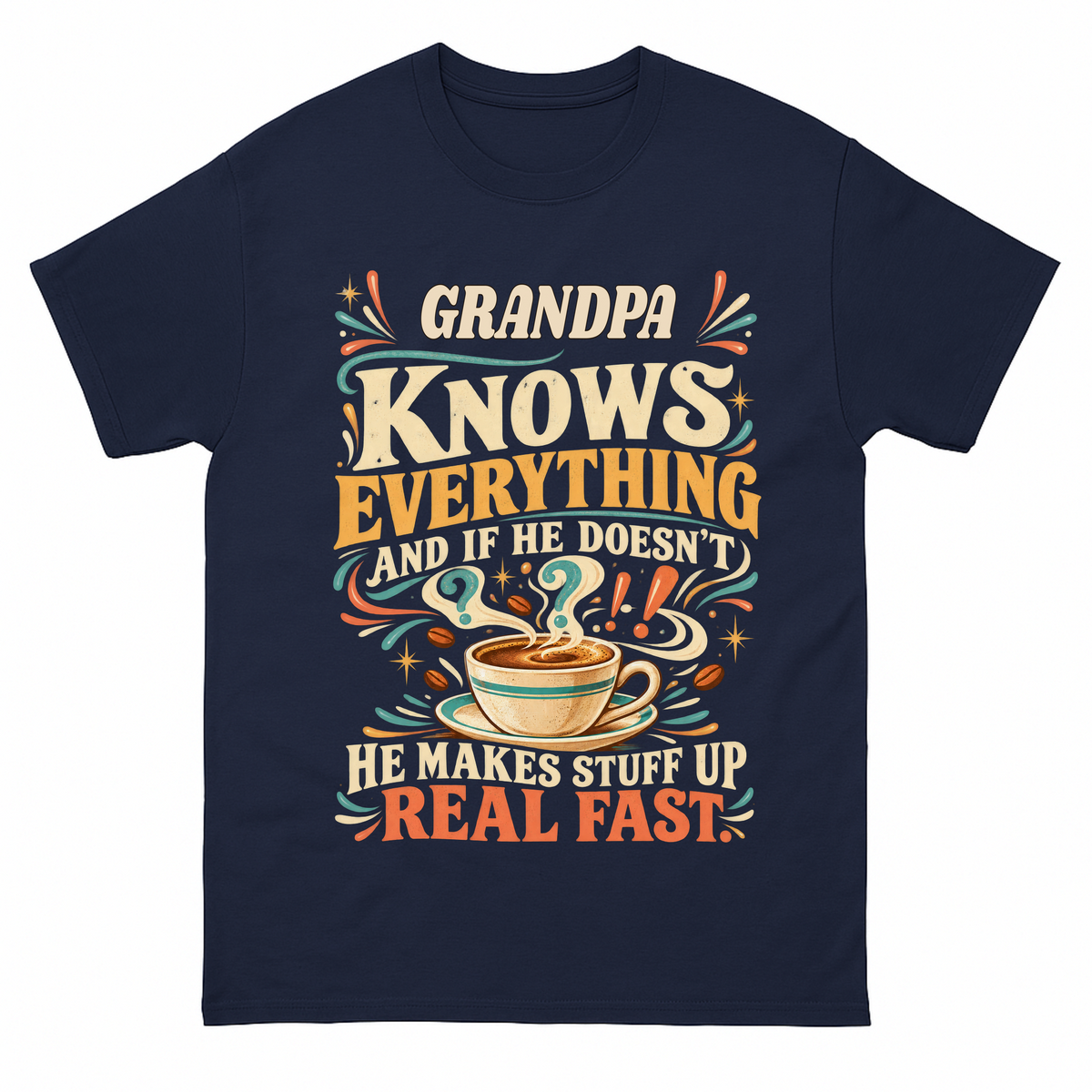 Navy vintage t-shirt with Your Name Knows Everything Coffee printed front design