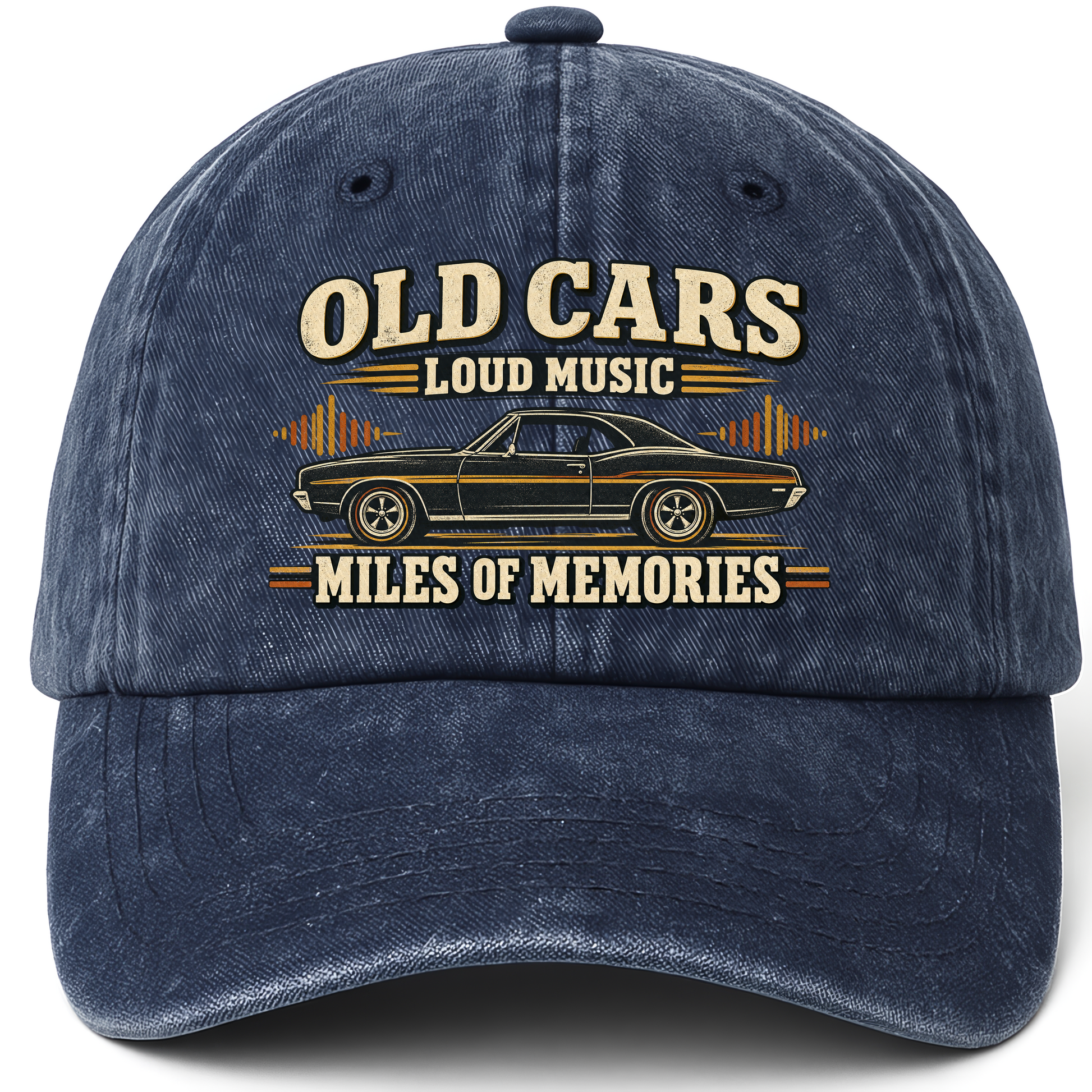 Navy vintage washed cap with 35 old cars loud music miles of memories ideogram 4x TRIM pad80 printed front design