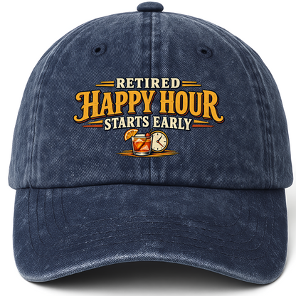 Navy vintage washed cap with Retired Happy Hour Starts Early printed front design