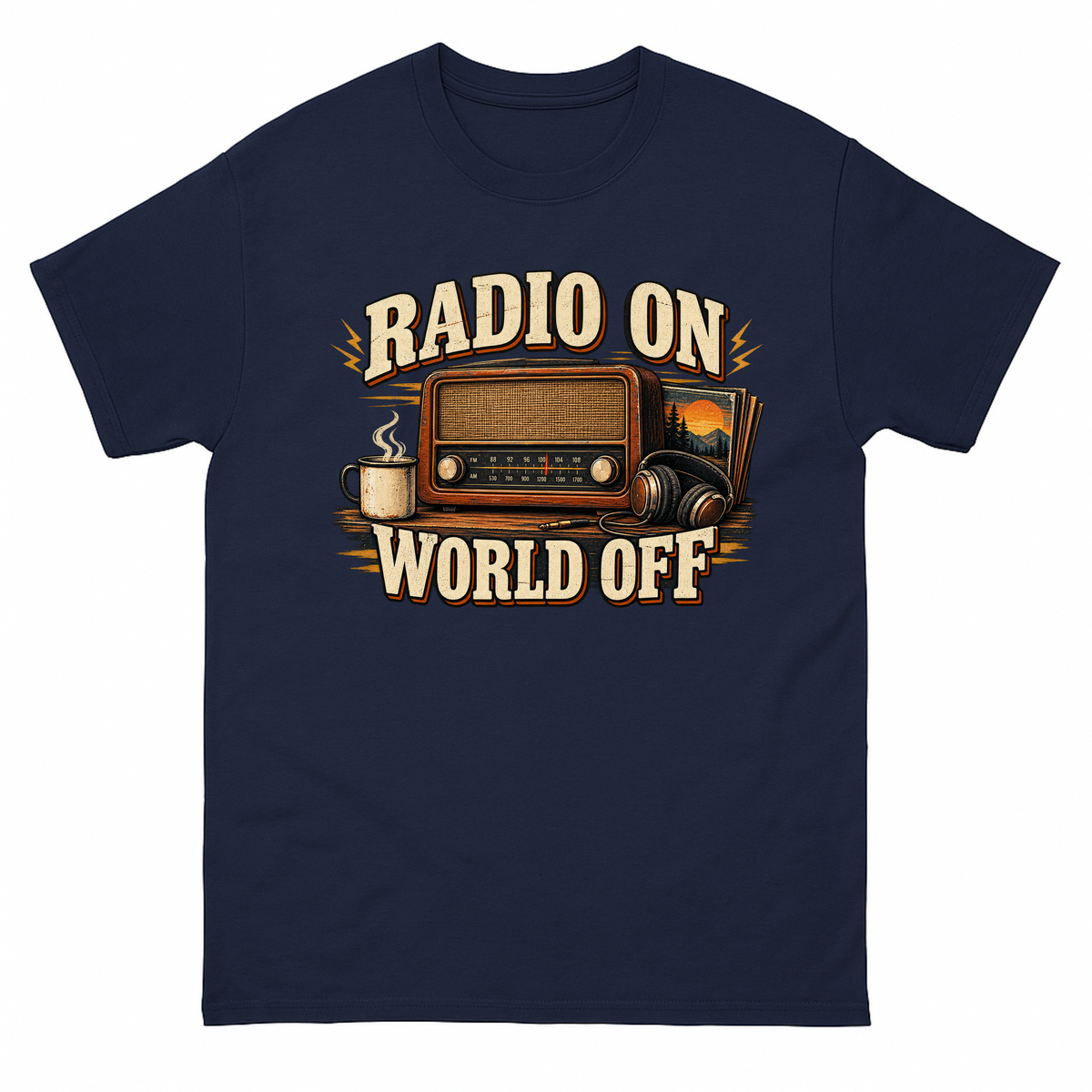 Navy vintage t-shirt with Radio On World Off printed front design
