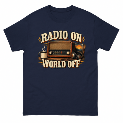 Navy vintage t-shirt with Radio On World Off printed front design