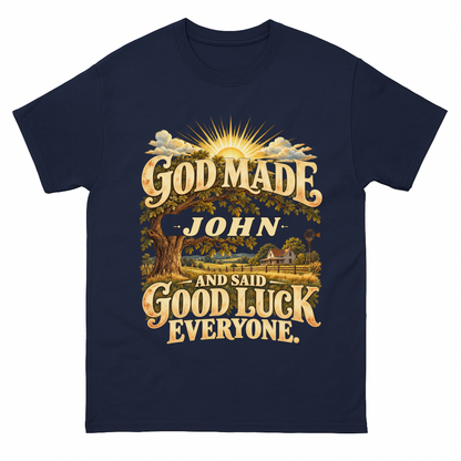 Navy vintage t-shirt with God Made Your Name And Said Good Luck Farmhouse printed front design