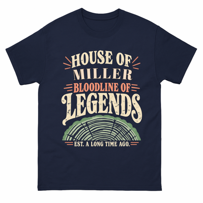 Navy vintage t-shirt with House Of Your Family Name Bloodline Of Legends Tree Rings printed front design