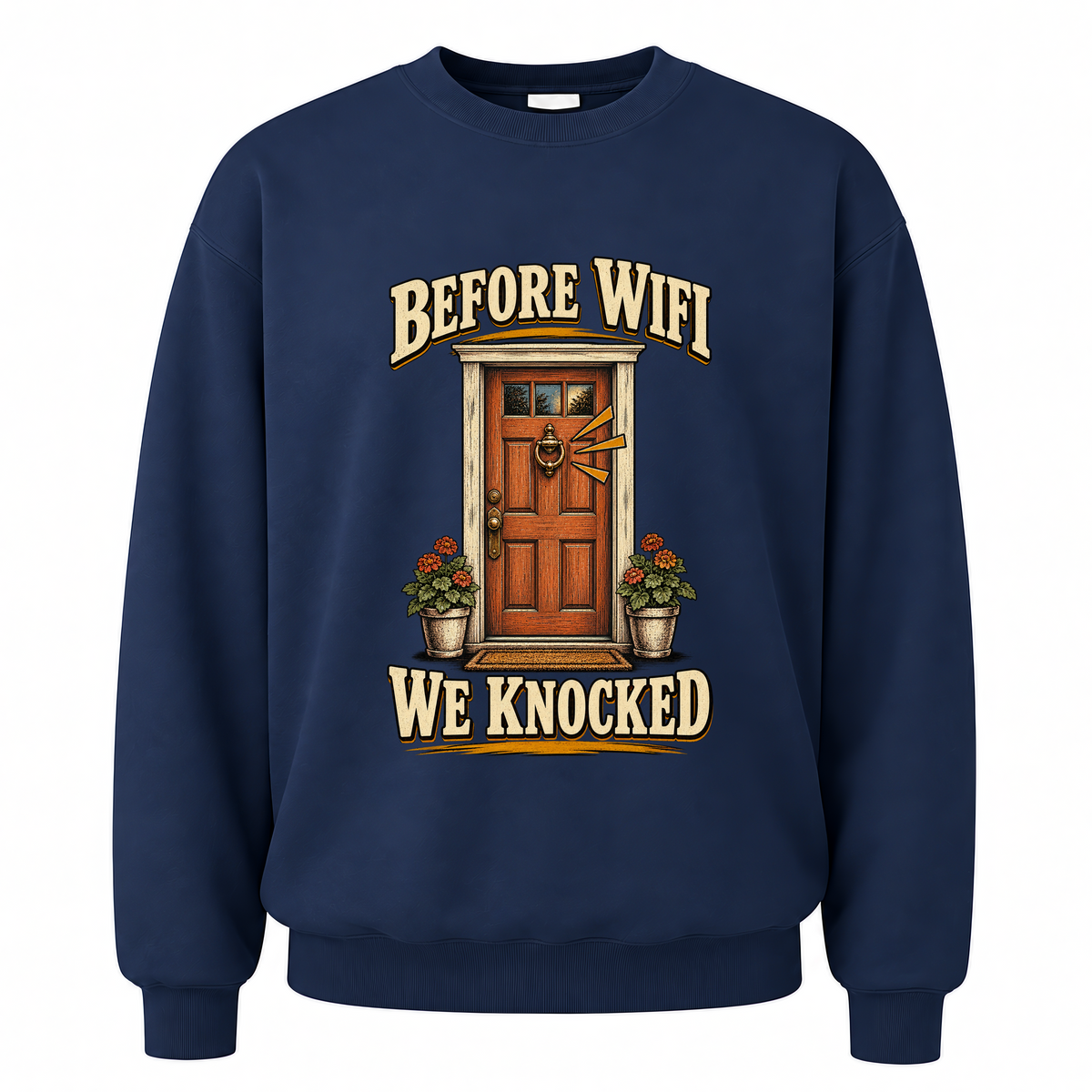 Navy vintage sweatshirt with Before Wife We Knocked printed front design