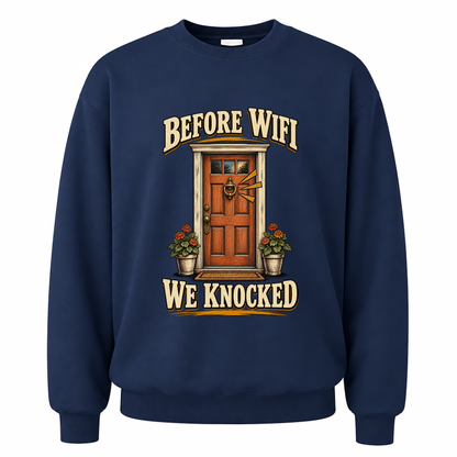 Navy vintage sweatshirt with Before Wife We Knocked printed front design
