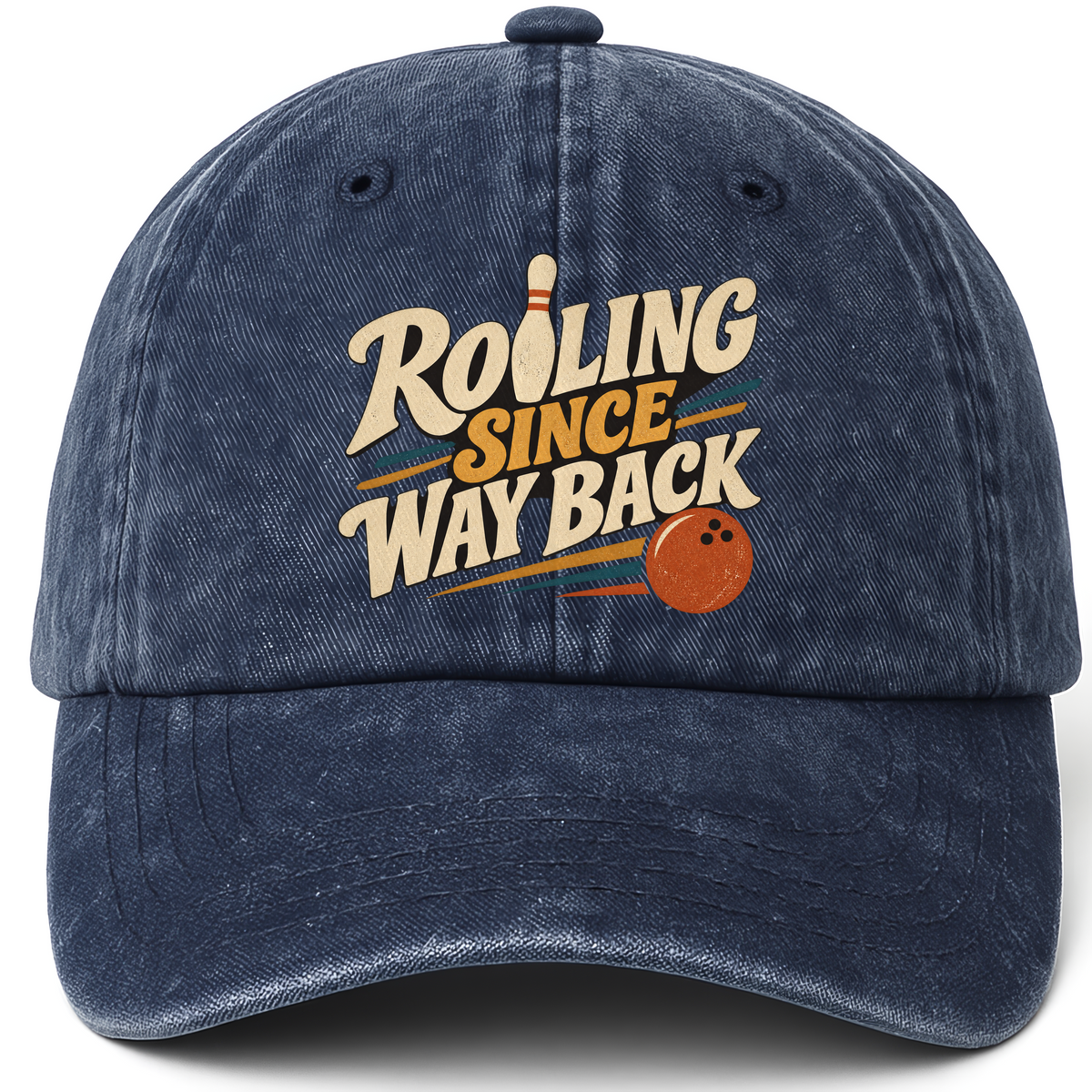Navy vintage washed cap with Rolling Since Way Back printed front design