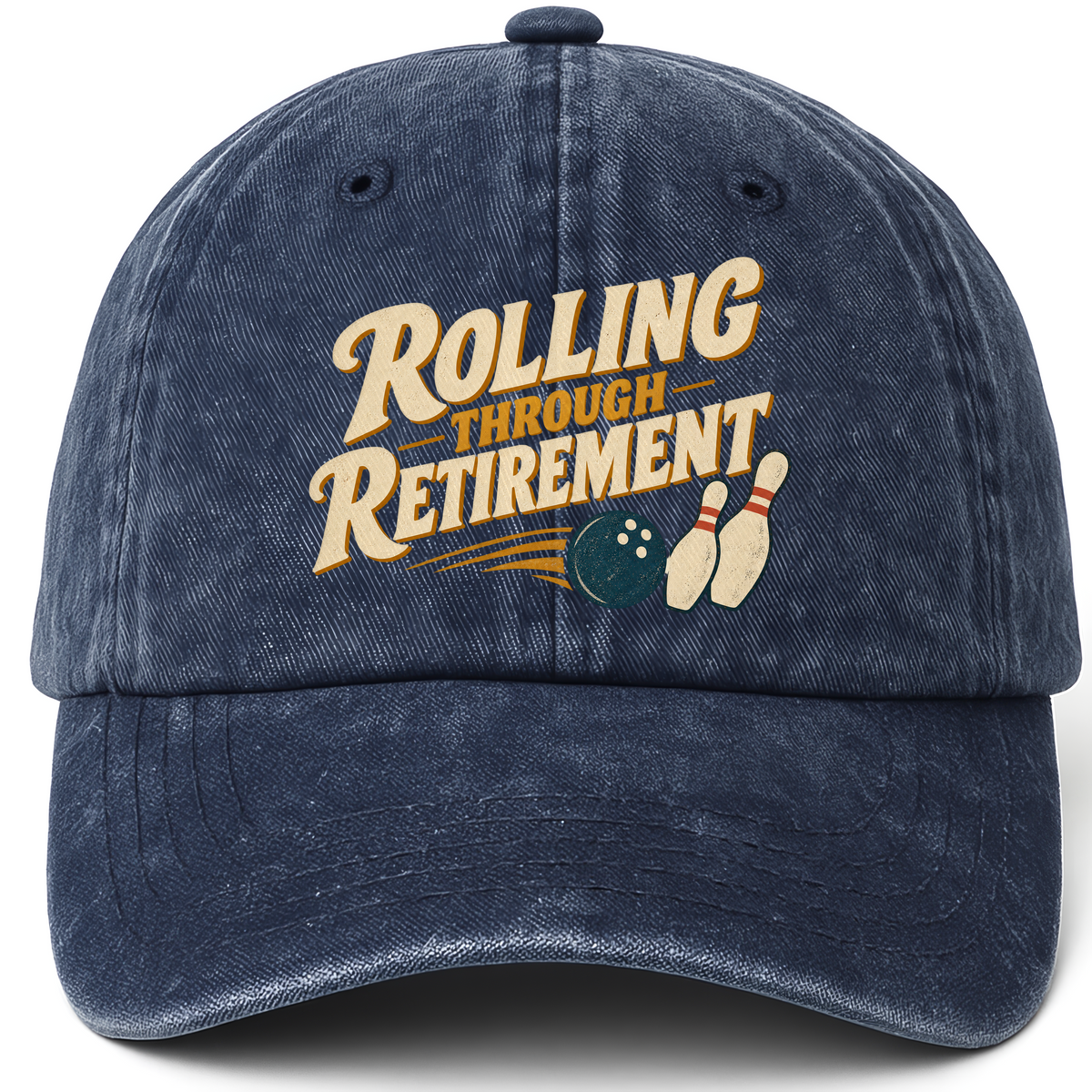 Navy vintage washed cap with Rolling Through Retirement printed front design