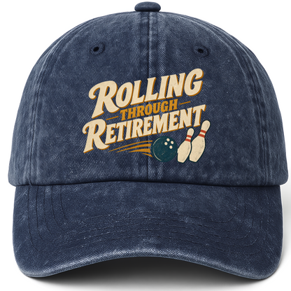 Navy vintage washed cap with Rolling Through Retirement printed front design