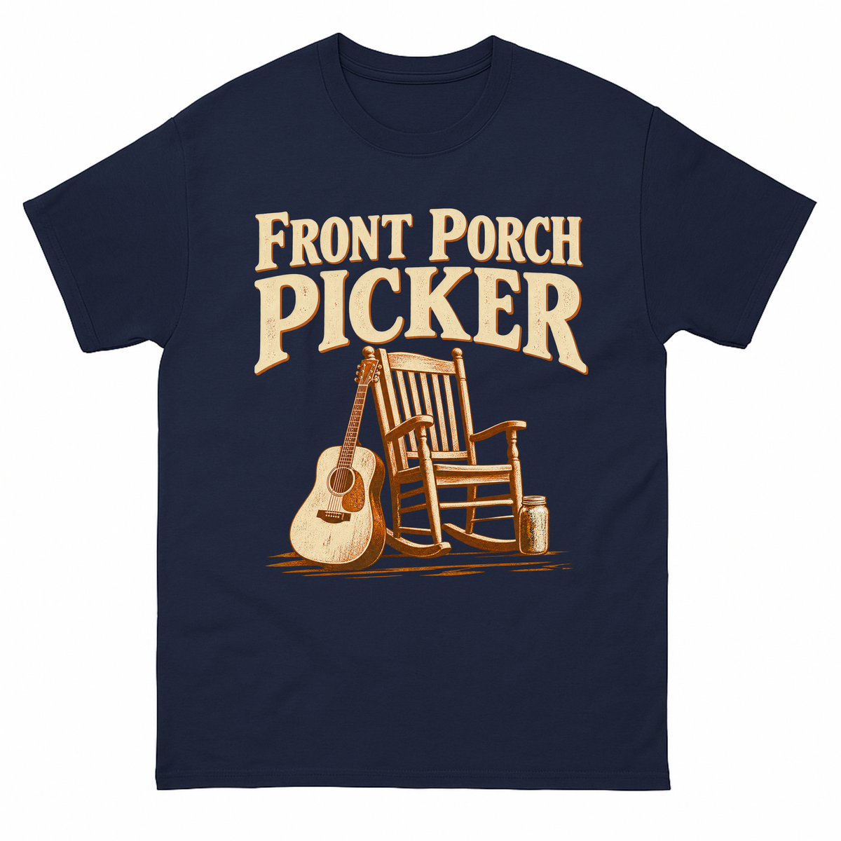 Navy vintage t-shirt with Front Porch Picker printed front design