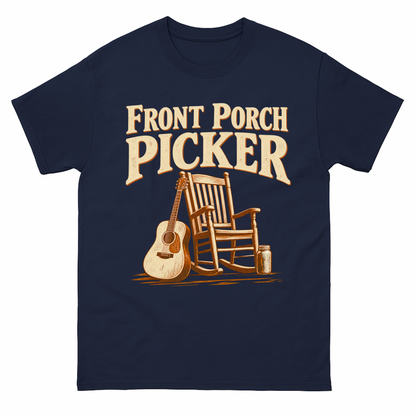 Navy vintage t-shirt with Front Porch Picker printed front design