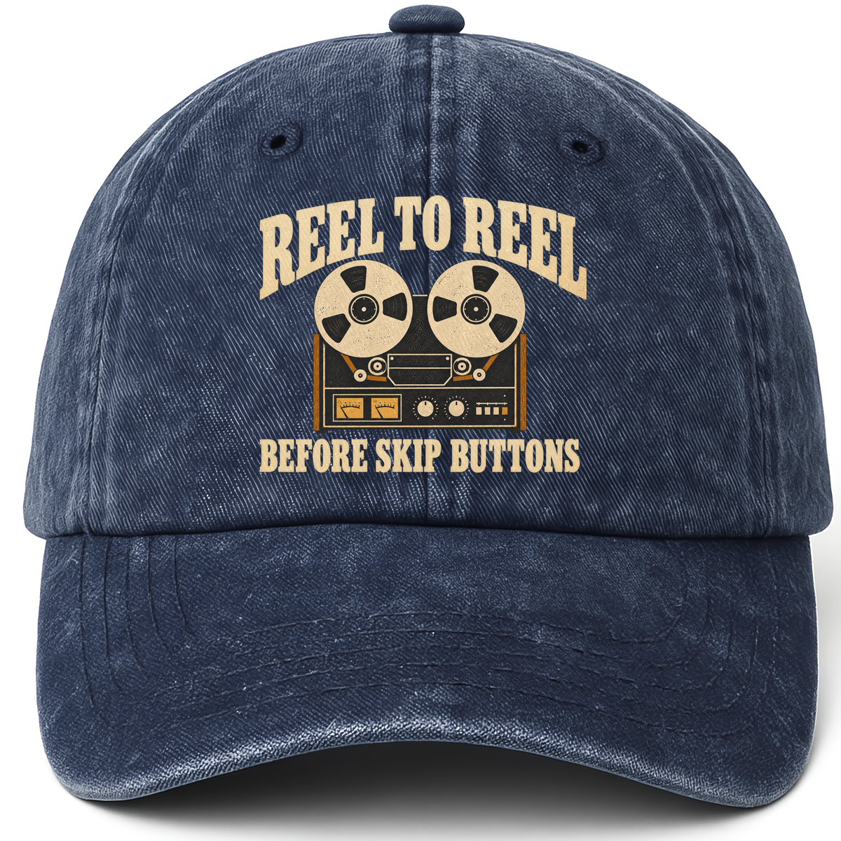 Navy vintage washed cap with Reel To Reel Before Skip Buttons printed front design