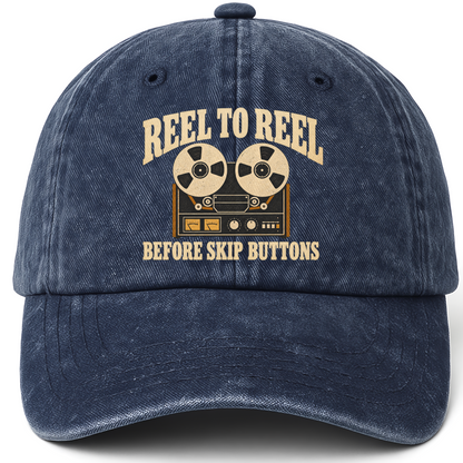 Navy vintage washed cap with Reel To Reel Before Skip Buttons printed front design