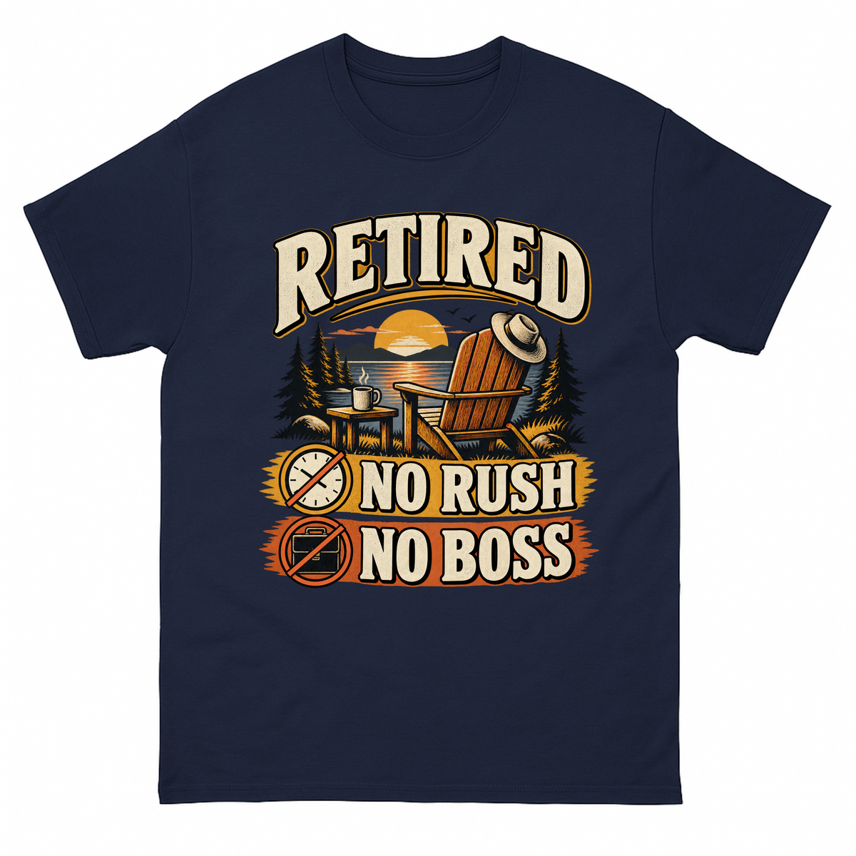 Navy vintage t-shirt with Retired. No Rush No Boss printed front design