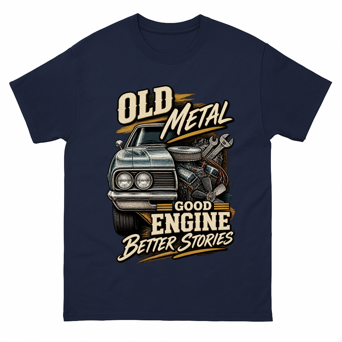 Navy vintage t-shirt with Old Metal Good Engine Better Stories printed front design