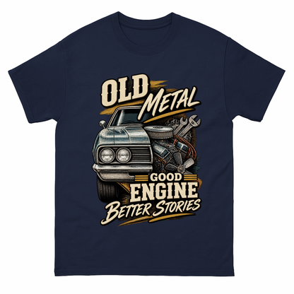 Navy vintage t-shirt with Old Metal Good Engine Better Stories printed front design