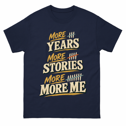 Navy vintage t-shirt with More Years More Stories More Me printed front design