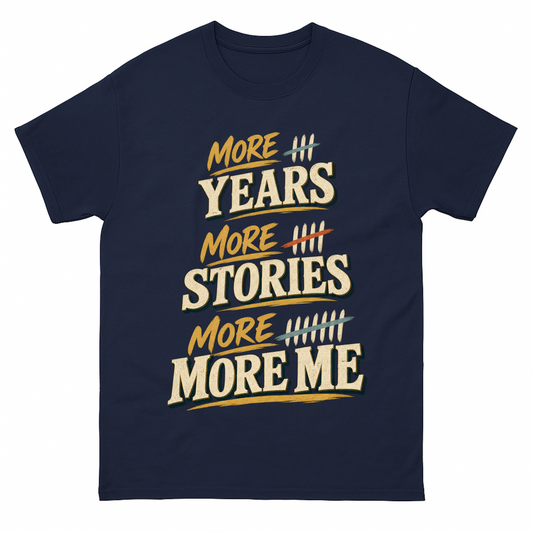 Navy vintage t-shirt with More Years More Stories More Me printed front design