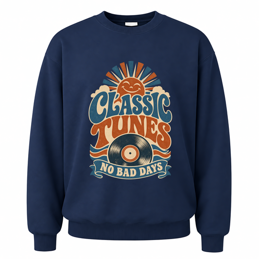 Navy vintage sweatshirt with Classic Tunes No Bad Days printed front design