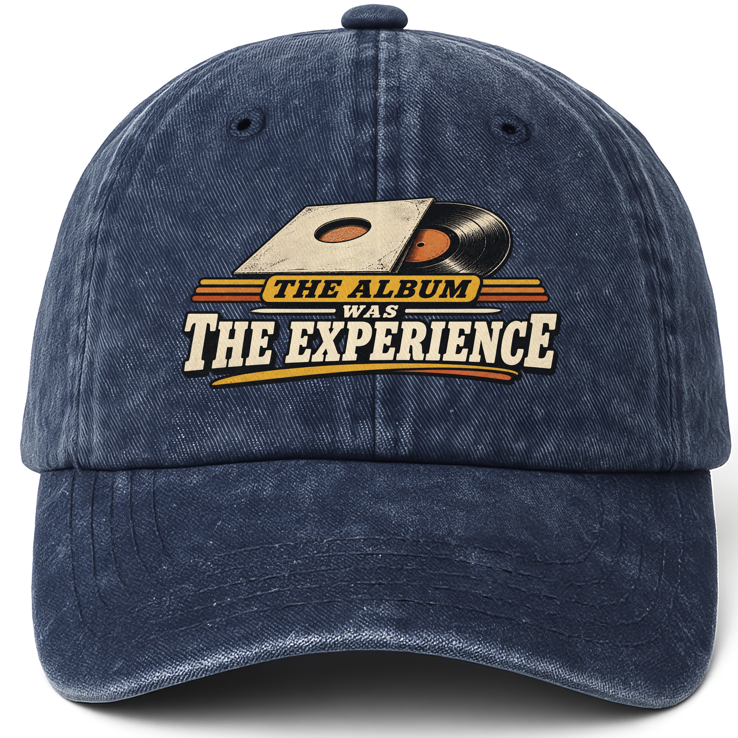 Navy vintage washed cap with The Album Was The Experience printed front design