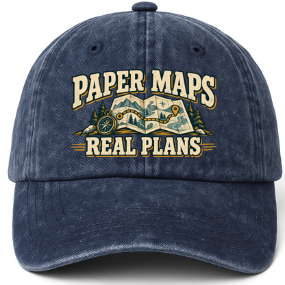 Navy vintage washed cap with Paper Maps. Real Plans printed front design