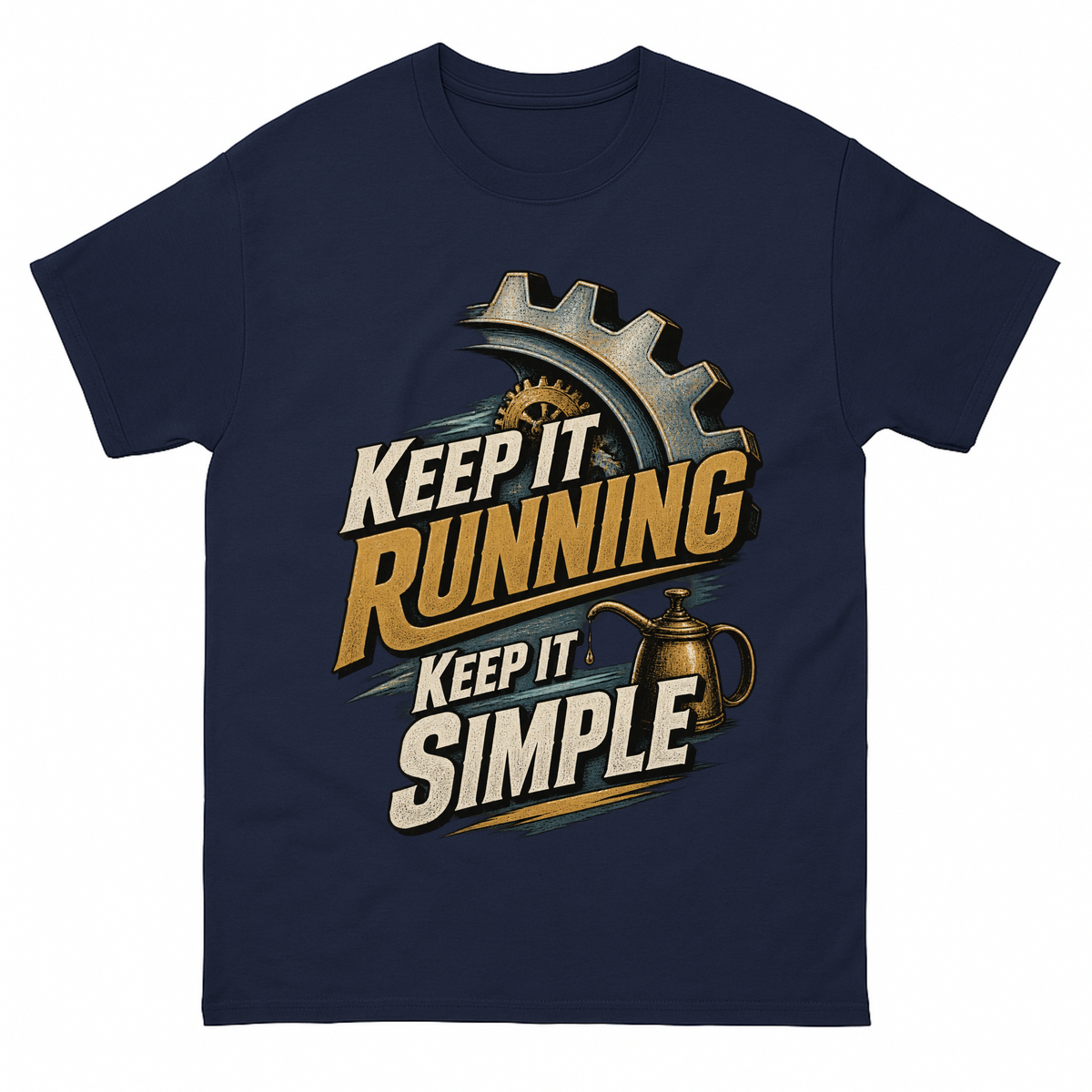 Navy vintage t-shirt with Keep It Running. Keep It Simple printed front design