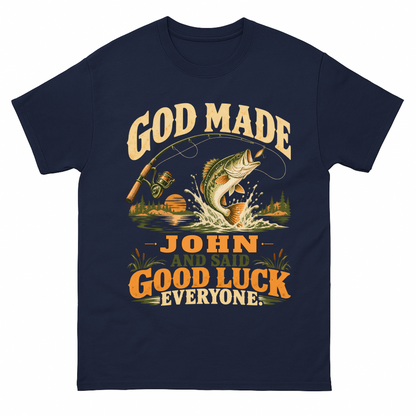 Navy vintage t-shirt with God Made Your Name And Said Good Luck Fishing printed front design