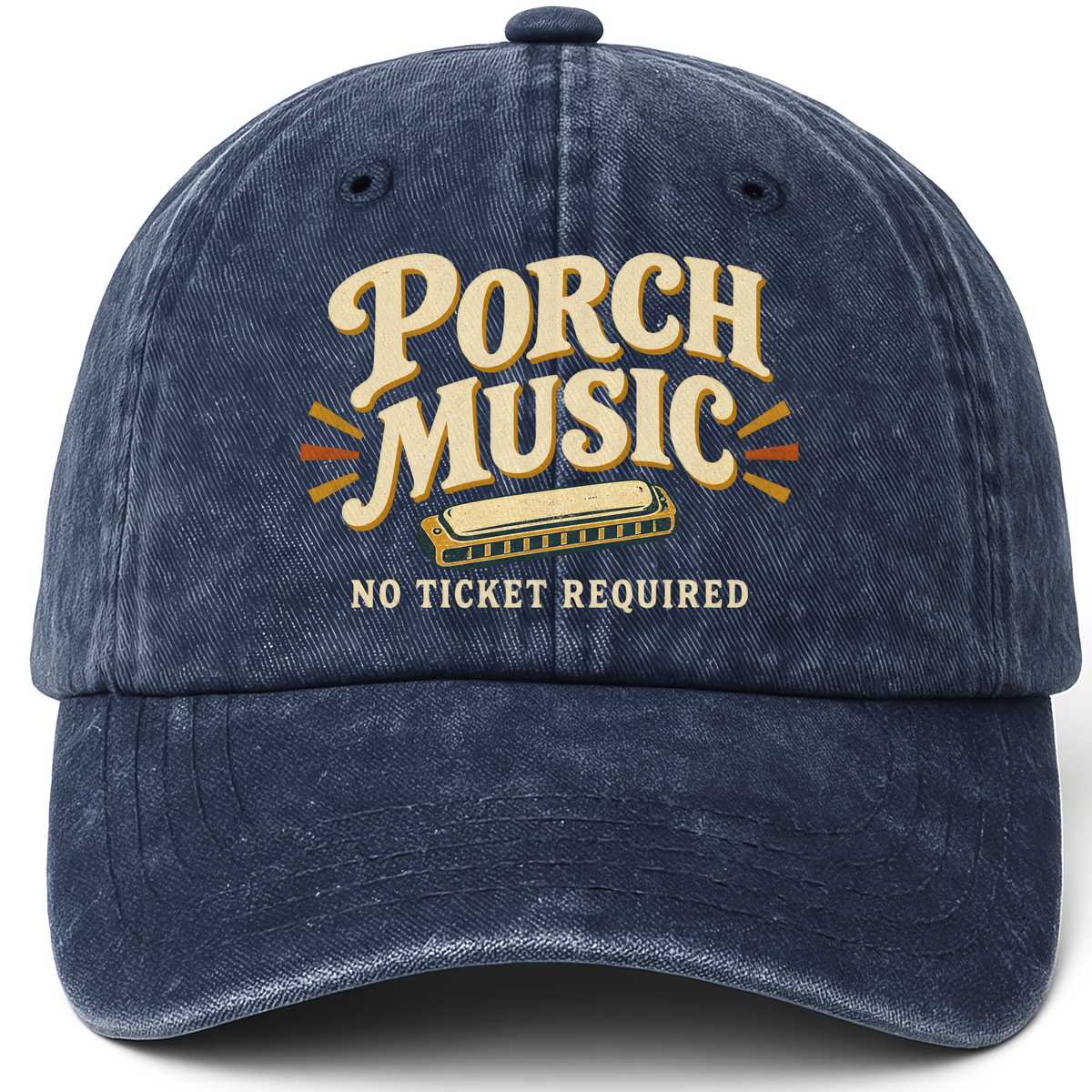 Navy vintage washed cap with Porch Music. No Ticket Required printed front design