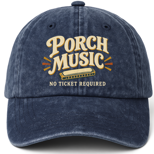 Navy vintage washed cap with Porch Music. No Ticket Required printed front design