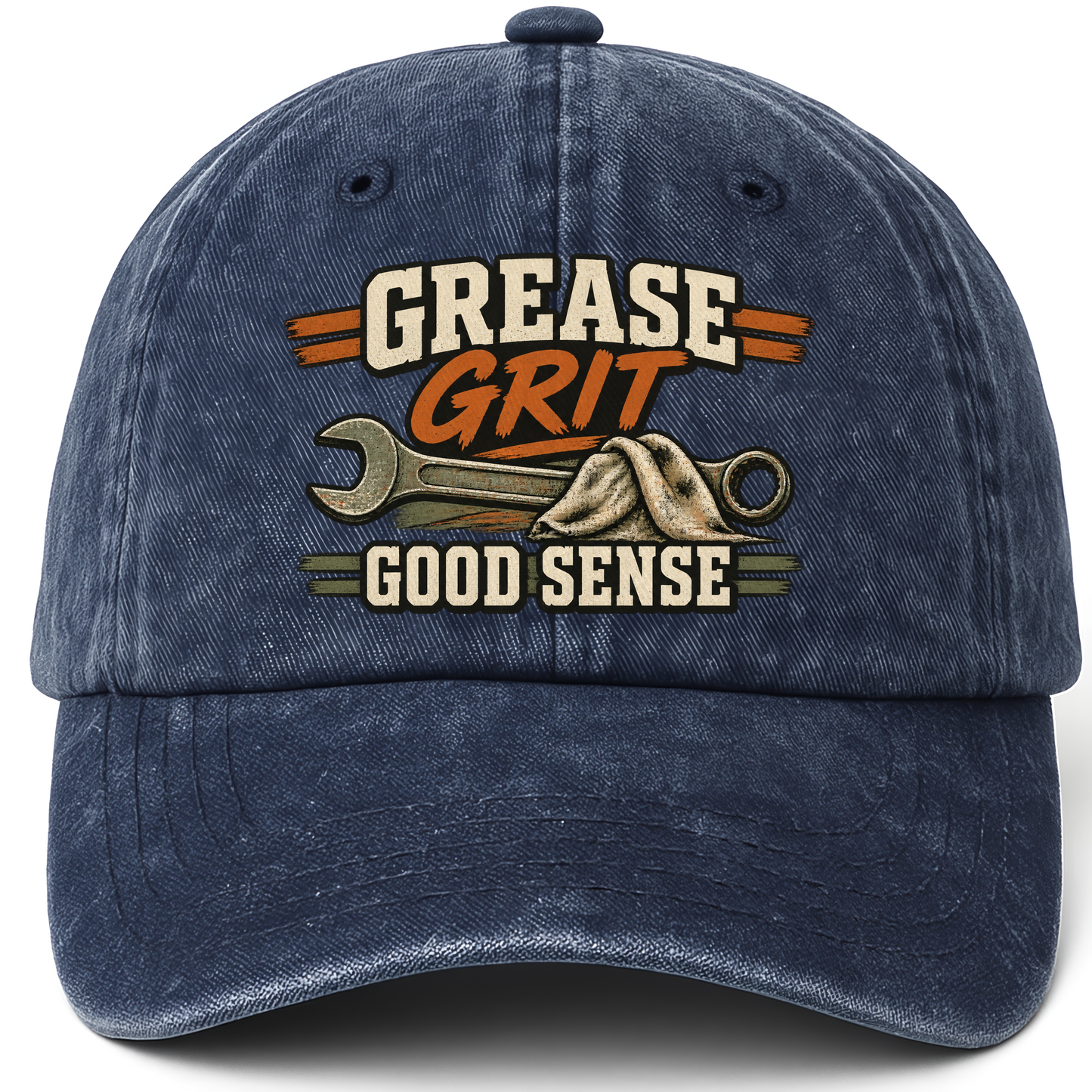 Navy vintage washed cap with Grease Grit Goodsense printed front design