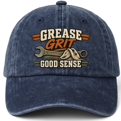 Navy vintage washed cap with Grease Grit Goodsense printed front design