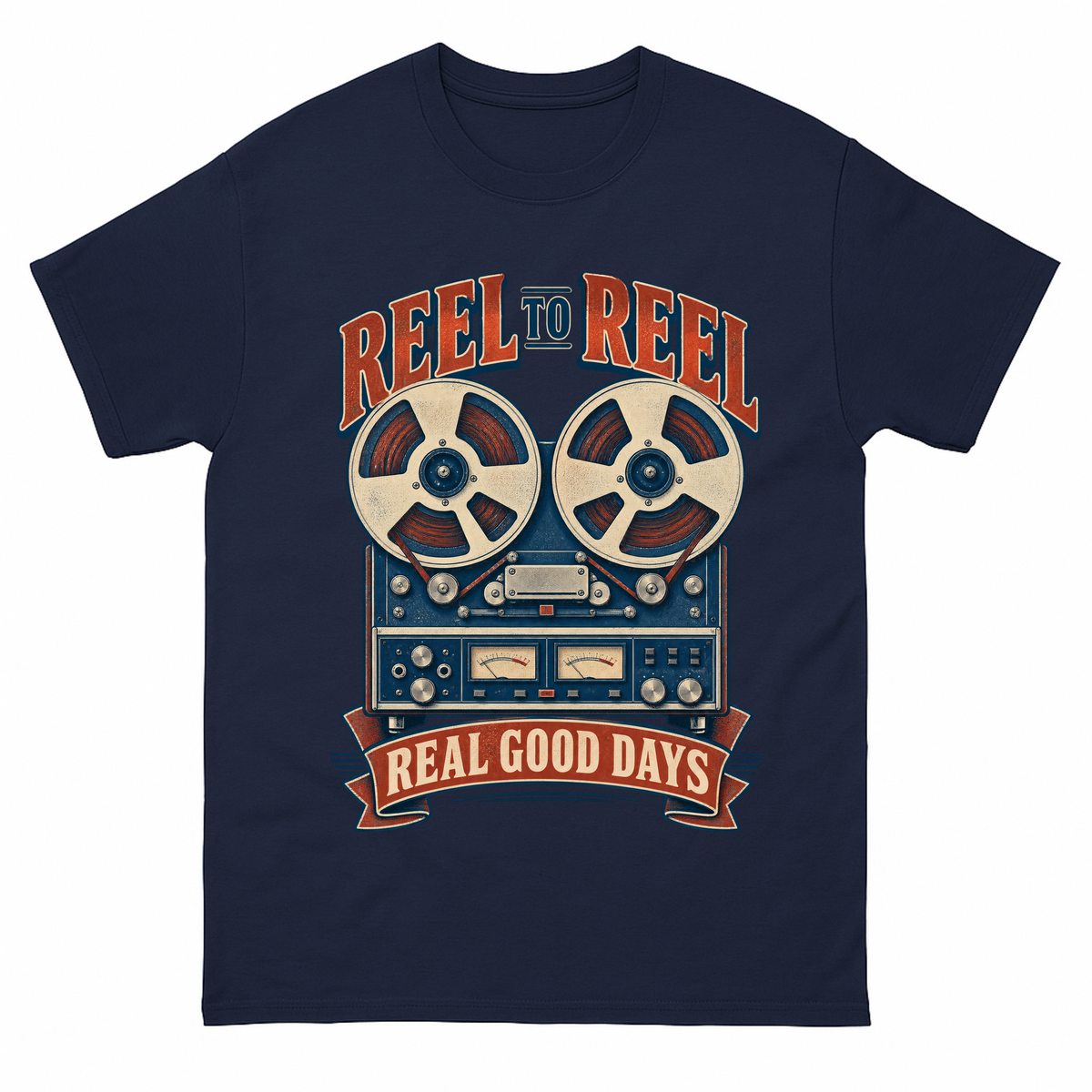 Navy vintage t-shirt with Reel To Reel Real Good Days printed front design
