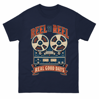 Navy vintage t-shirt with Reel To Reel Real Good Days printed front design
