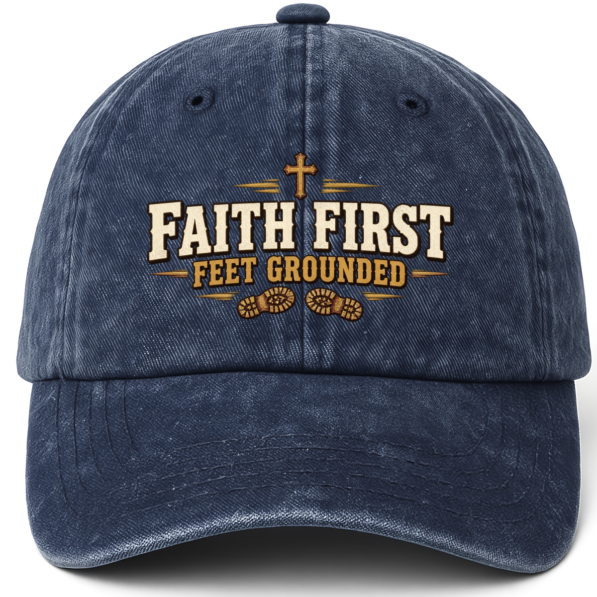 Navy vintage washed cap with Faith First Feet Grounded printed front design
