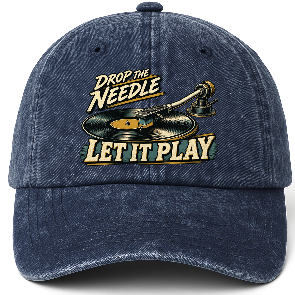 Navy vintage washed cap with Drop The Needle. Let It Play printed front design