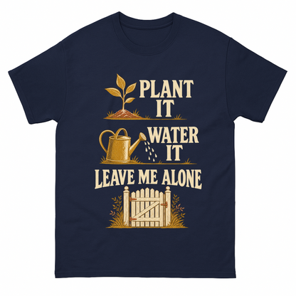 Navy vintage t-shirt with Plant It Water It Leave Me Alone printed front design