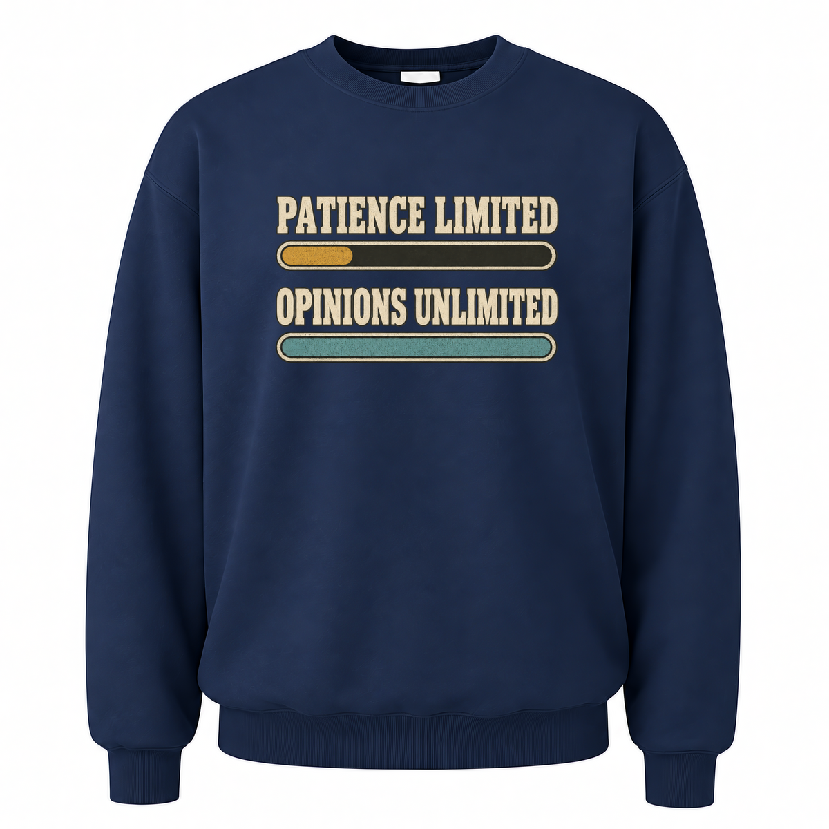 Navy vintage sweatshirt with Patience Limited Opinions Unlimited printed front design